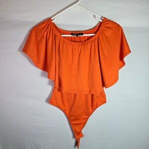 YMI Collections Womens Orange Ruffle Off The Shoulder Thong Bodysuit Small